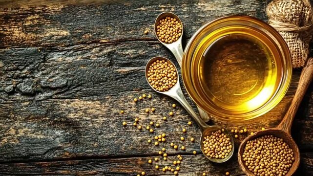 Mustard Oil in Small Glass Bowl on Wooden Background. Possible use Cooking, food photography