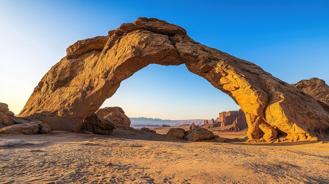 A stunning natural rock arch stands majestically against a clear blue sky, showcasing the beauty of desert landscapes. - Powered by Adobe