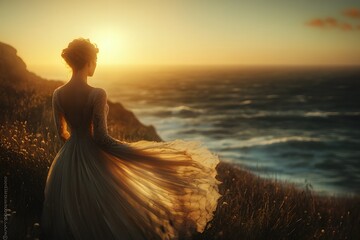 Silhouetted woman standing on cliff edge during golden hour sunset overlooking peaceful ocean