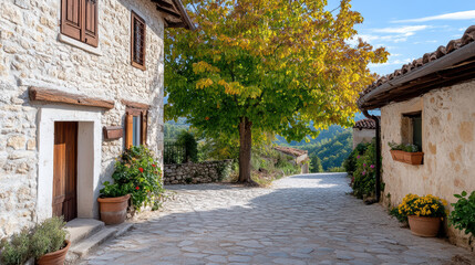Naklejka premium picturesque village scene with vibrant tree and stone houses