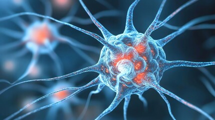 A close-up view of a neuron, showcasing its intricate structure with glowing blue and red colors, representing neural connections in the brain.