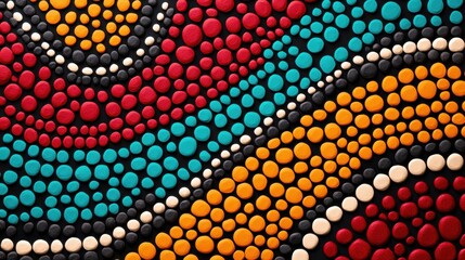 Colorful dot painting with red, orange, blue, black, and white dots on a black background. Abstract art.