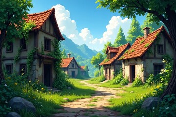 Obraz premium - A rustic illustration of a dilapidated village with overgrown vegetation and crumbling buildings, rural, desolate