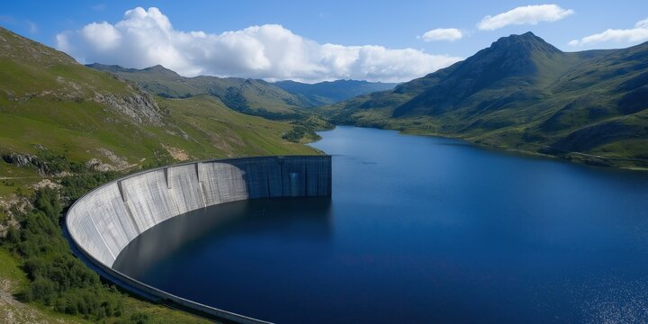 This breathtaking image of a mountain reservoir dam showcases the merging of stunning natural landscapes with human engineering, portraying both power and tranquility.