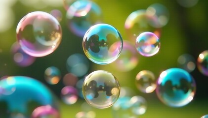 Close-up of colorful bubbles floating in the air during preschool outdoor play, colorful, activity