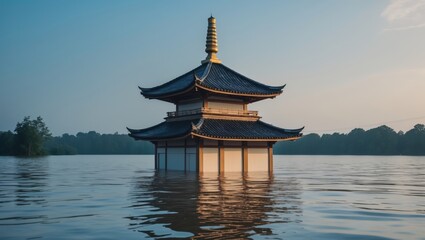 Fototapeta premium Serene pagoda standing in calm waters at dawn, surrounded by lush greenery reflecting in the lake