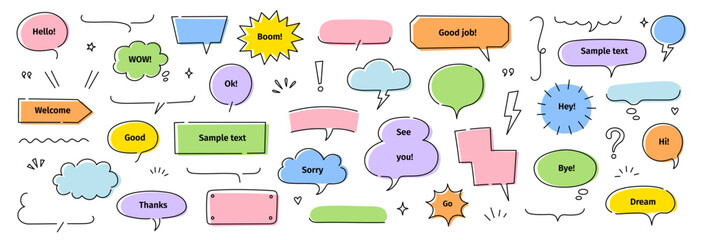 Line frame text speech bubble set. Line balloon frame design talk speech bubble frame. Comic japan style design background text dialog balloon, simple doodle cloud, box border. Vector illustration