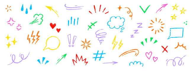 Line movement comic element, cartoon emotion mark effect decoration icon. Hand drawn cute doodle line element arrow, heart, speech bubble. Anime movement, express shape. Vector illustration