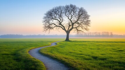 Serene Sunset Landscape,  Winding Path to Solitary Tree in Green Field