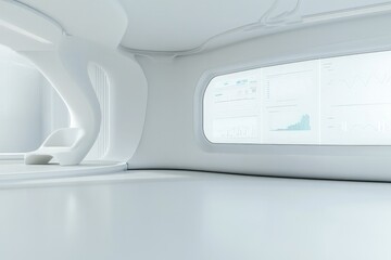 futuristic office setting with large interactive screen showing real-time analytics clean and professional environment
