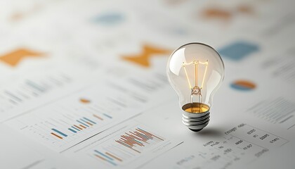 Economic Windfall concept. A light bulb sits on a background of colorful graphs and charts,...