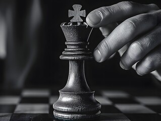 Thoughtful Chess Move Monochrome Image with Hands Playing on Board
