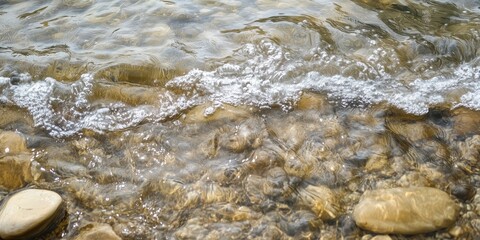 Obraz premium This image beautifully captures the gentle waves lapping over smooth river stones, showcasing the harmony of nature and water's calming effect on the environment.