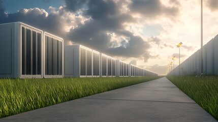 Image of a renewable energy battery farm showcasing advanced technology and infrastructure for energy storage.