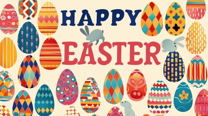Cartoon Easter eggs with patterns, "HAPPY EASTER" in bold, rabbit silhouette, bright colors, flat design, layered depth, kids-style illustration.