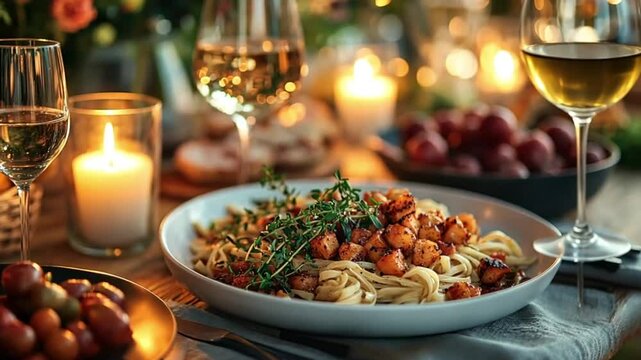 Romantic dinner with pasta, wine and candles on a wooden table.  Possible use for stock photography
