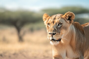 Obraz premium lioness walking gracefully through dry savanna with acacia trees visible in background