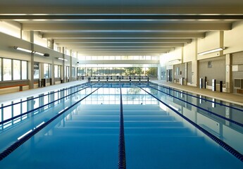 A spacious and modern indoor swimming pool with crystal-clear water, perfectly aligned lane dividers, and a well-lit, high-ceiling facility