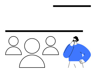 Person in blue contemplating over three minimalist profiles, emphasizing teamwork, leadership, decision-making. Ideal for brainstorming, strategy, collaboration, communication, leadership analysis