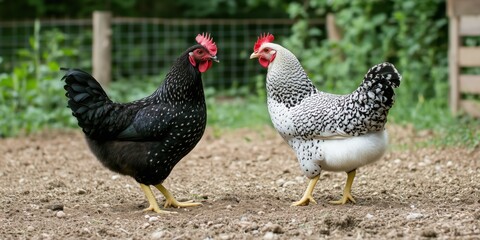 Fototapeta premium A charming image of two chickens, one black and the other white, pecking around the earthy ground of a farm, representing rural life and natural harmony.