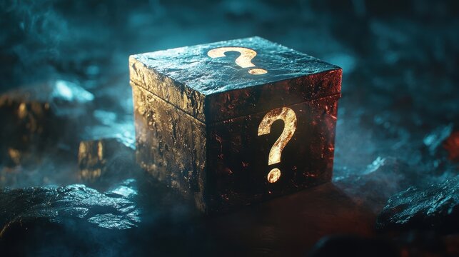 Mysterious Box with Question Mark Glowing in a Dark Environment, Eliciting Curiosity and Anticipation for an Upcoming Secret Product Reveal