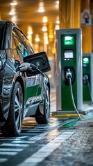 Electric Car Charging at Futuristic City Charging Station with Illuminated Reflections