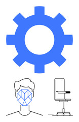 Blue gear, facial recognition wireframe over a human head illustration, and a sleek ergonomic office chair emphasizing innovation, productivity, efficiency, creativity, AI, workplace design, flat