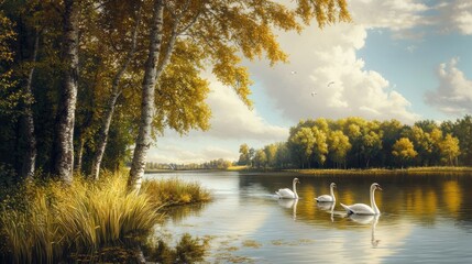 Obraz premium Serene Autumnal Lake with Graceful Swans