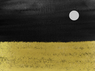 watercolor minimal oriental ink wash painting abstract landscape golden field and full moon. traditional japan asian sumi-e art style.	