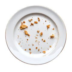 Empty plate with crumbs scattered on it on transparent cutout, PNG file