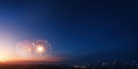 A stunning fireworks display lights up the night sky over an urban skyline, showcasing vibrant colors and a celebration atmosphere that captivates viewers.