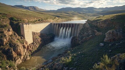 A dam in a remote, rocky landscape, with water pouring through its spillways, surrounded by verdant hills and towering cliffs