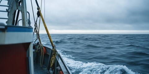 Obraz premium This image captures a tranquil view from a fishing boat sailing over calm, deep blue waters, showcasing the peacefulness of the ocean under a cloudy sky.