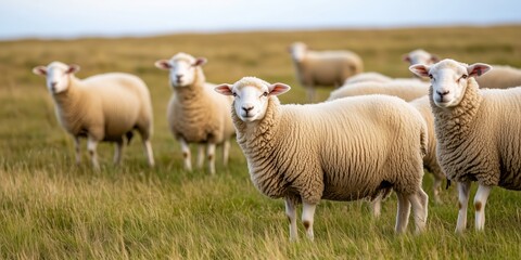 Fototapeta premium This charming image features a group of curious sheep looking directly at the camera, set against a lush green field, reflecting rural life and pastoral beauty.