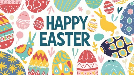 Cartoon Easter eggs with patterns, "HAPPY EASTER" in bold, rabbit silhouette, bright colors, flat design, layered depth, kids-style illustration.