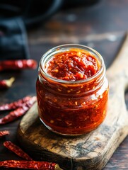 Glass jar filled with spicy red chili paste placed on a rustic wooden board, surrounded by dried red chili peppers, selective focus