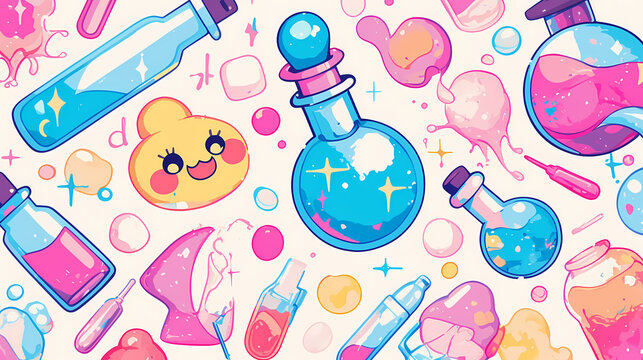 Colorful and whimsical illustration of potion bottles, bubbles, and a cute character in a playful setting