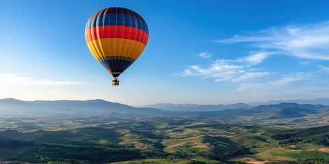 Obraz premium A vibrant hot air balloon floats majestically above vast green fields, showcasing the beauty of nature and the thrill of adventure in the great outdoors.