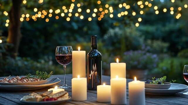 Garden dinner party with candles and wine