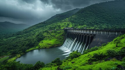 A dam nestled in a remote, mountainous region, with water cascading through the spillways, surrounded by lush green valleys