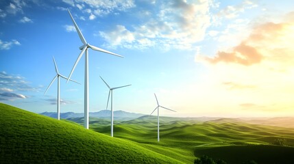 A wind farm on a rolling green hill, showcasing renewable energy in a picturesque landscape.