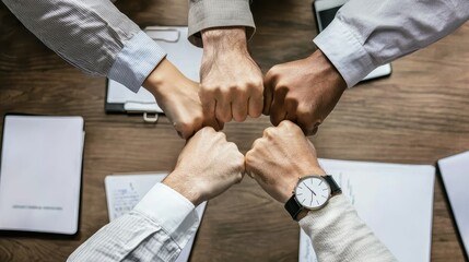 A group of hands giving a fist bump, symbolizing teamwork and collaboration, over a table with documents.