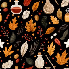 Seamless wallpaper pattern of autumn leaves and elixirs nature-inspired background for home decor vibrant and rich colors