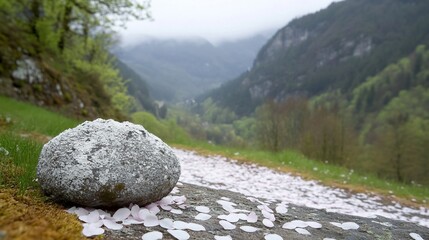 Mountain valley path, stone, petals, spring, serenity, nature scene, postcard