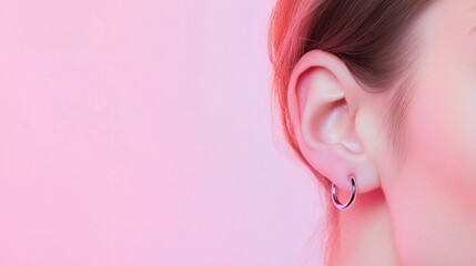 minimalist close-up of person earlobe showcasing single elegant hoop piercing against soft pastel background