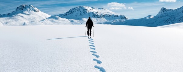 A lone figure walks through a snowy landscape, leaving footprints in the fresh snow with mountains in the background under a clear blue sky.