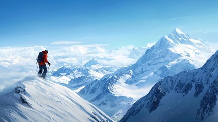 A climber stands atop a snowy peak, gazing at majestic mountains under a clear blue sky, embodying the thrill of adventure and the beauty of nature.