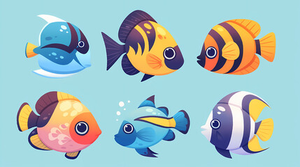 Naklejka premium Colorful cartoon fish swimming playfully against a light blue background, showcasing various species