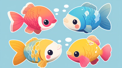 Fototapeta premium Colorful cartoon fish swimming playfully in a blue background, showcasing their vibrant patterns and bubbles