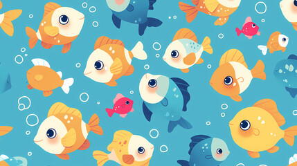 Colorful cartoon fish swimming in a vibrant underwater scene with bubbles and playful patterns